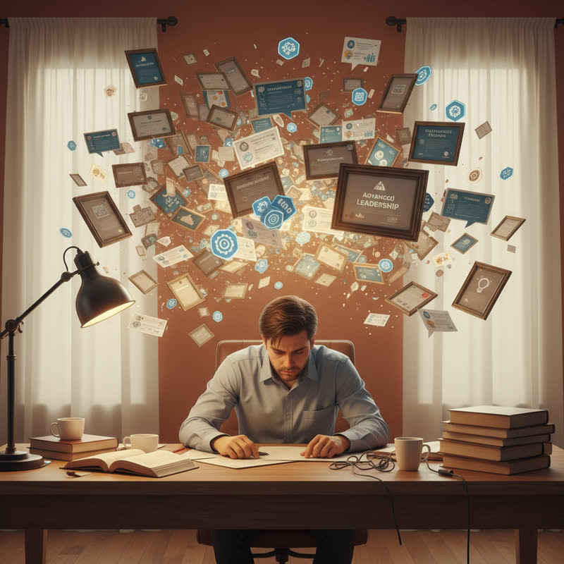 A person surrounded by floating certificates and course notifications, looking exhausted at their desk