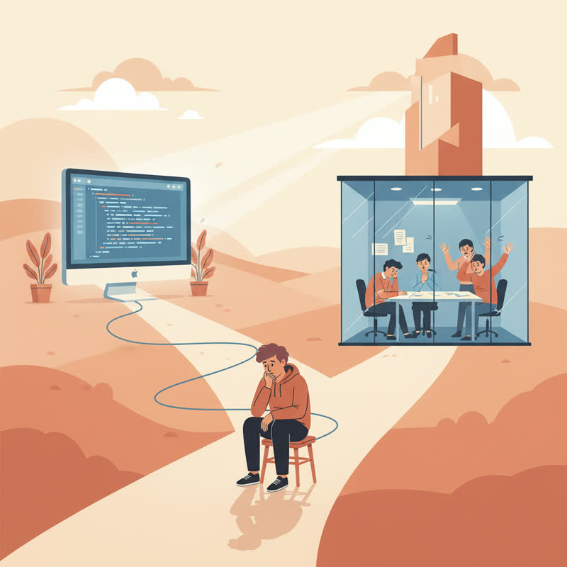 An engineer at a crossroads, one path leads to code, the other to management meetings