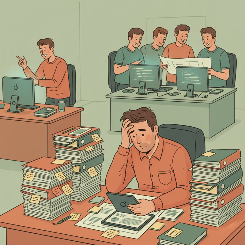 A newly promoted manager overwhelmed at his desk while the engineering team works confidently behind him
