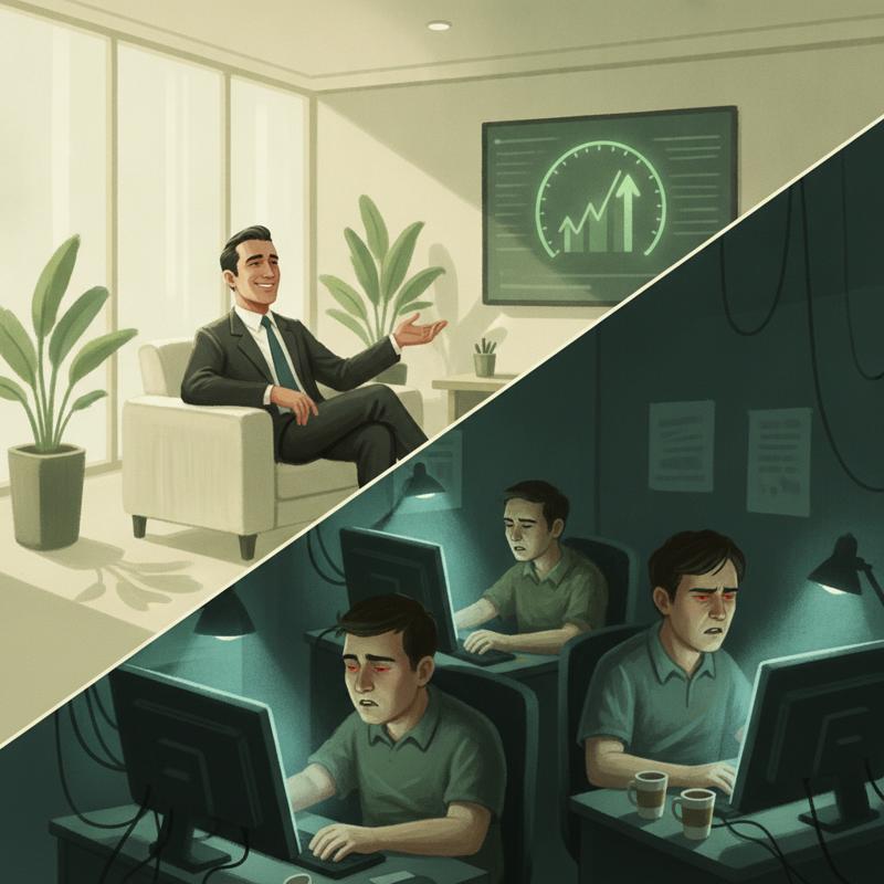 A smiling executive admires a green dashboard gauge while a tense engineering team works in shadow below
