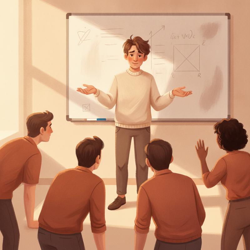 An engineering manager admits a mistake at a whiteboard while four engineers lean in, one raising a hand to speak