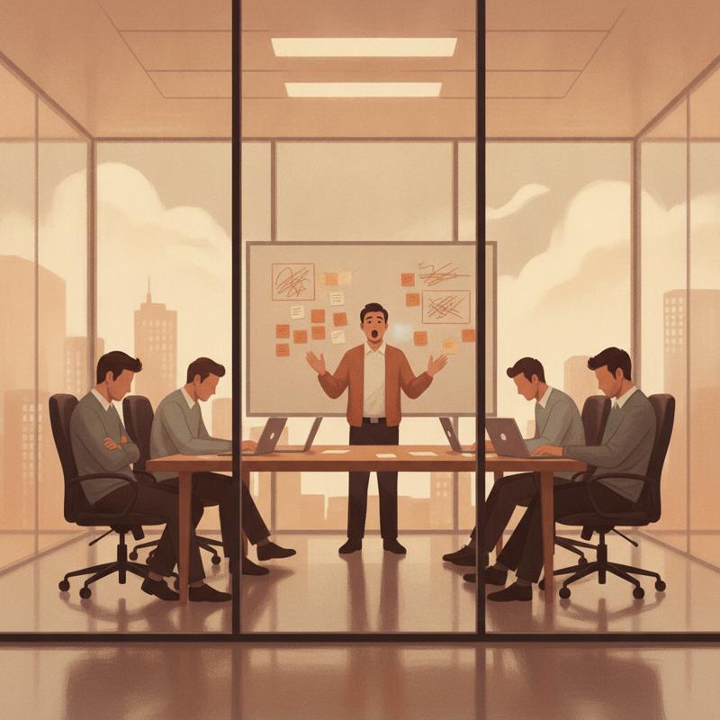 A software engineering team sits silent in a glass meeting room while a manager talks alone at a whiteboard covered in sticky notes
