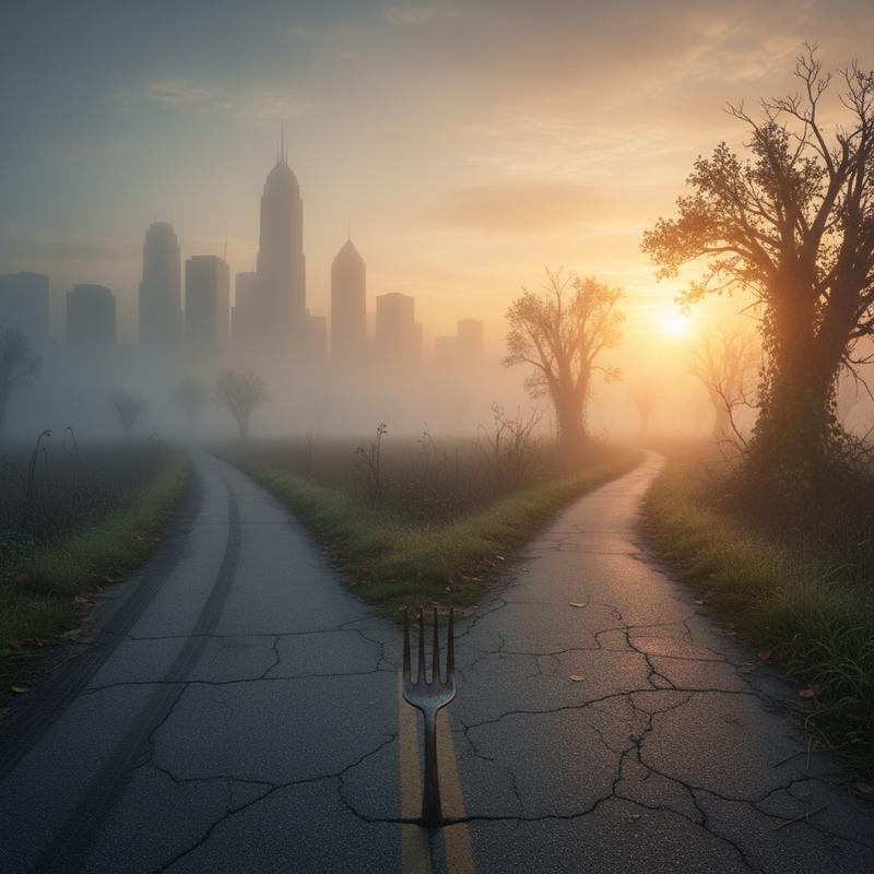 A fork in a misty road — one path toward the corporate city, one toward a sunrise