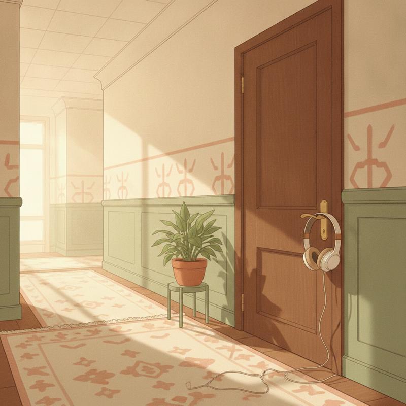 A calm office corridor in morning light with a closed wooden door, a pair of headphones hanging on the handle and a potted plant beside it