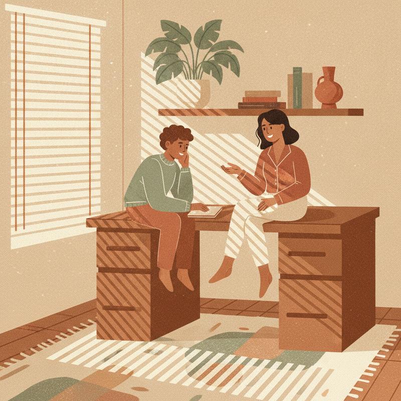 Two people sitting on the edge of a desk in a quiet office corner, one listening intently