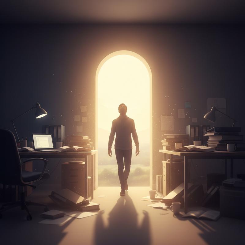 A figure walking toward a bright doorway, leaving a cluttered office behind