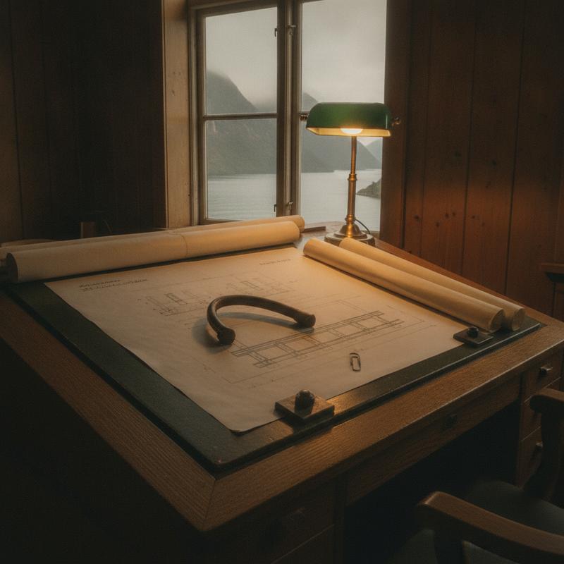 A 1950s drafting desk by a window overlooking a fjord, with a bent steel rail clip and a paperclip resting on a technical drawing