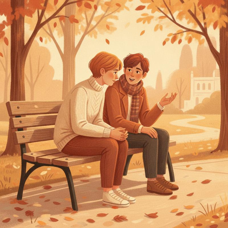Two people on a park bench leaning in, absorbed in a real conversation
