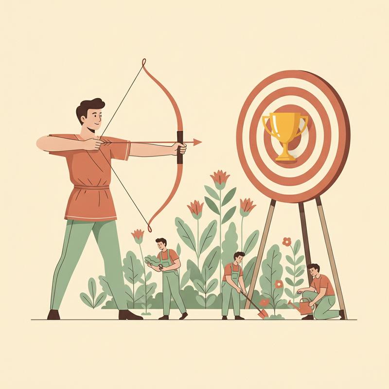 An archer aims at a trophy pinned to a target while employees tend a thriving garden behind him