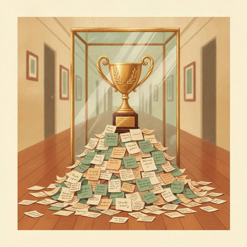 A gold trophy locked inside a glass display case while dozens of handwritten thank-you notes pile up unread on the floor outside