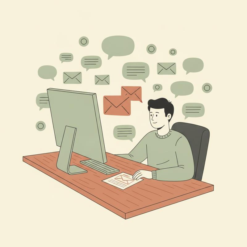 An engineer at a desk surrounded by grey chat bubbles and email icons, focused on the one terracotta message which appears both on screen and as a note on the desk
