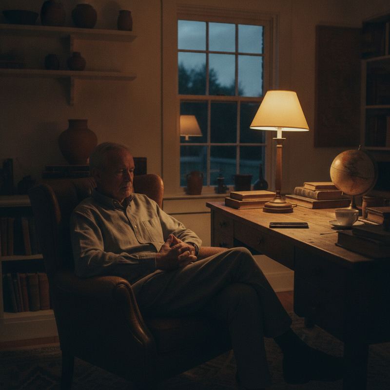 An older man in a quiet home office at dusk, sitting back in his chair with his phone face down on the desk, contemplative expression