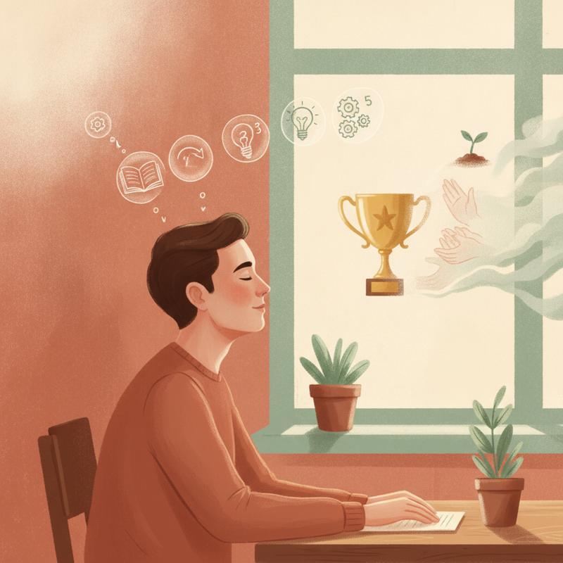 A person sitting at a desk with eyes closed, small sketches of numbered steps above their head while a trophy and applauding hands fade away beside them