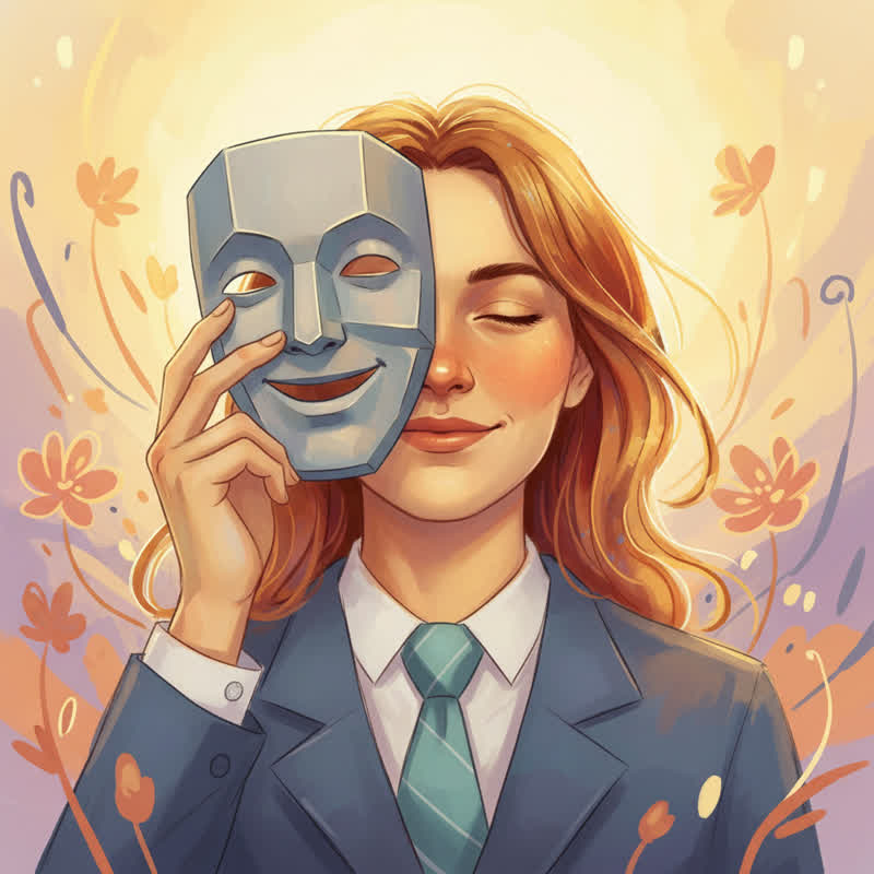 A person gently removing a corporate mask to reveal a calm, genuine face underneath