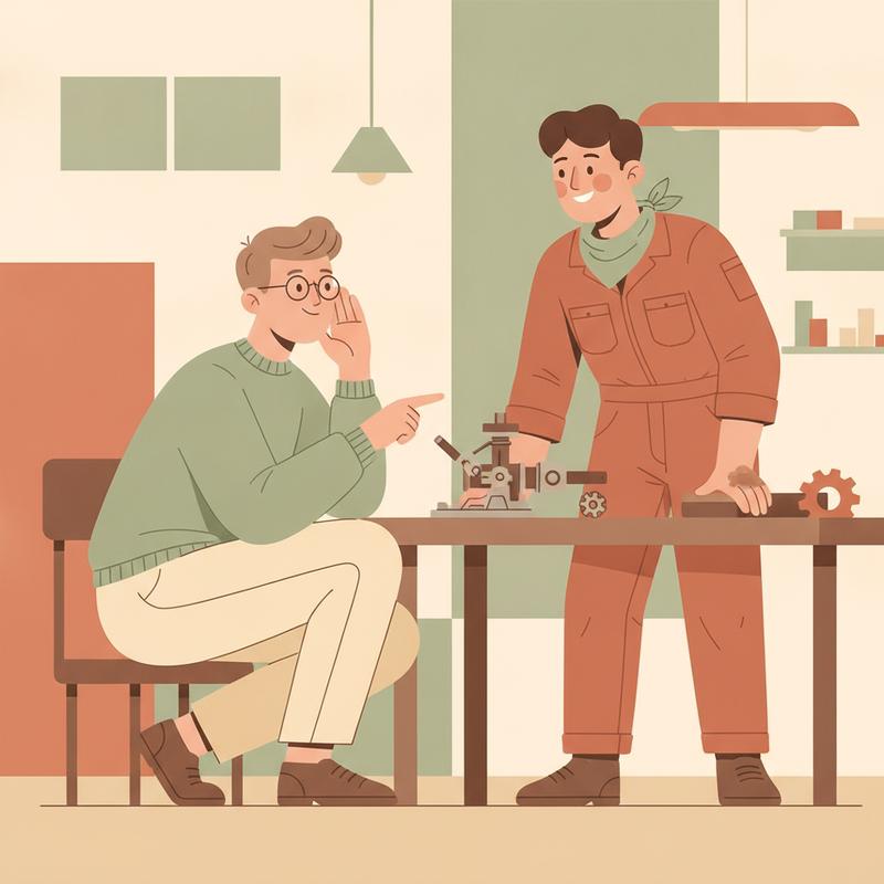 A manager leaning in to listen to a mechanic explain a detail of their work