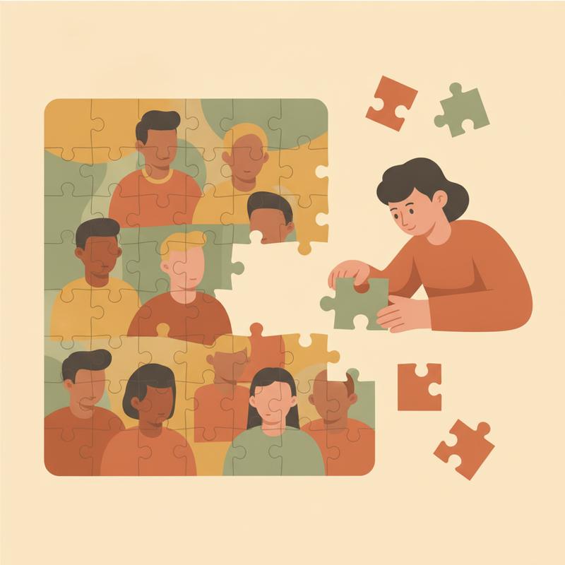 A person placing the final unique puzzle piece into a nearly complete picture of a team