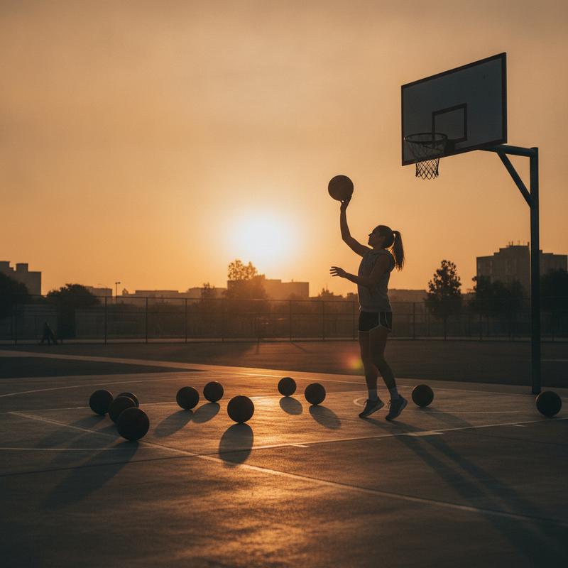 A lone basketball player shoots free throws at dawn on an empty court, a dozen balls scattered around from earlier attempts