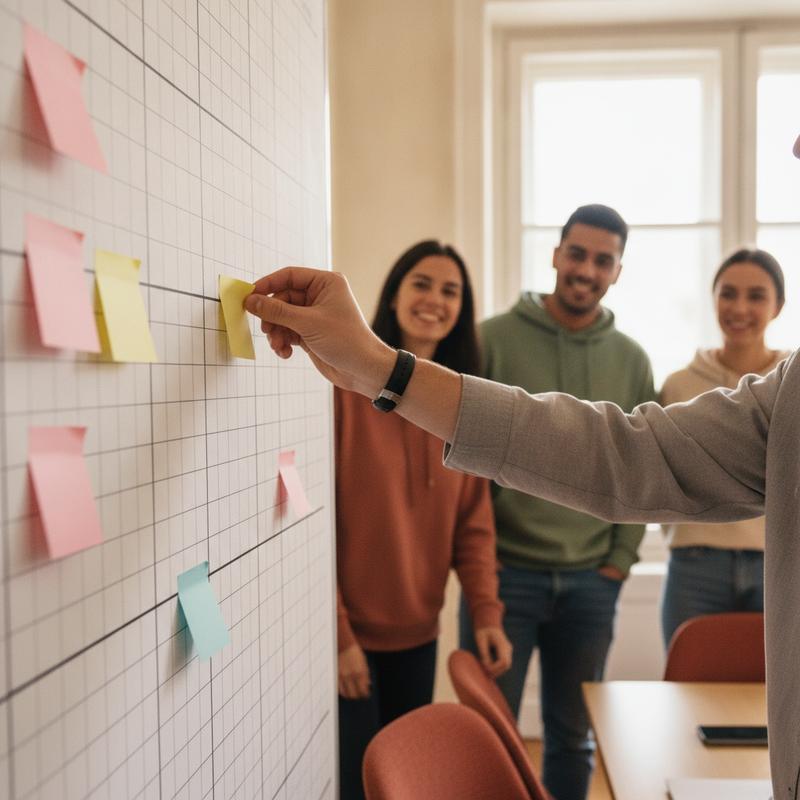 A team lead moves a single yellow sticky note across a whiteboard while three smiling engineers watch in a bright meeting room