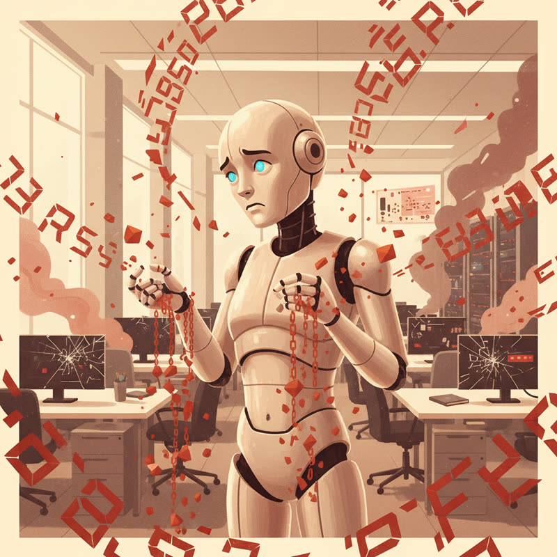 A robot in a business office surrounded by cascading red error messages, warm editorial illustration style