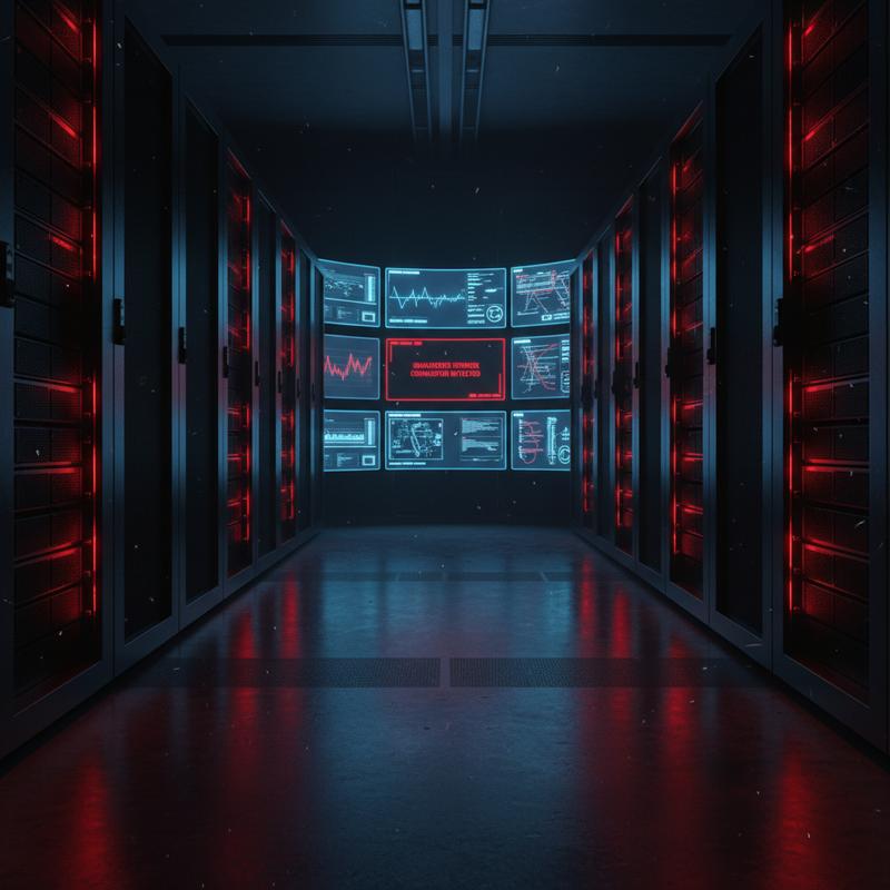 A server room at night with red warning lights pulsing on the racks