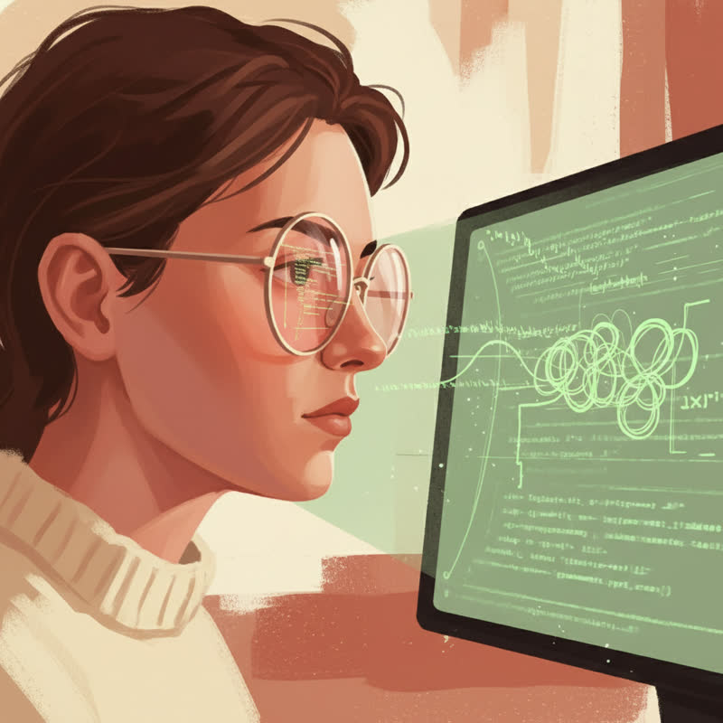 A developer wearing rose-tinted glasses staring at a glowing screen of code, with their reflection showing tangled slow code