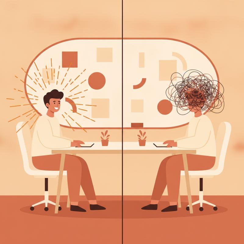 The same meeting table split in two, one person energized with bright sparks, the other overwhelmed by tangled scribbles of noise