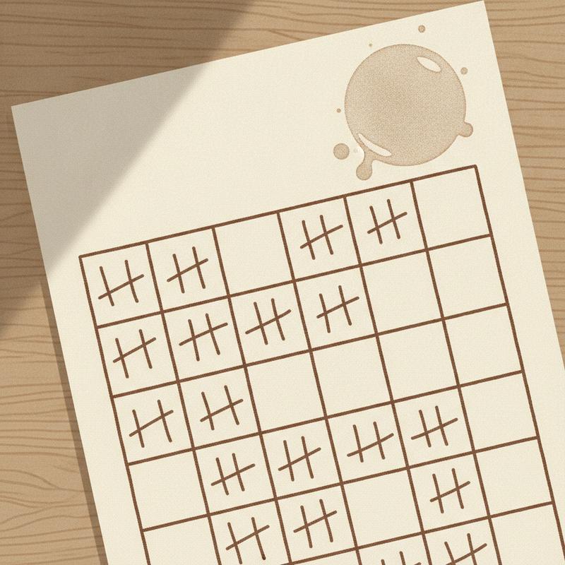 A paper scorecard with pencil tally marks and some empty squares on a desk in morning light