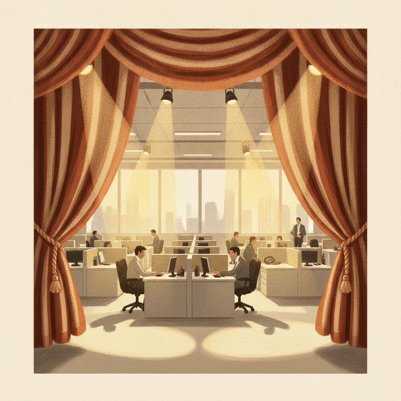 A theatre curtain pulled back to reveal an ordinary open-plan office under stage lighting