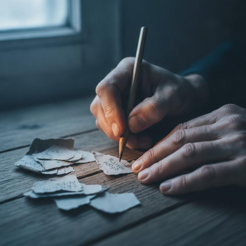 Weathered hands writing tiny shorthand notes with a pencil stub on torn scraps of grey paper in cold window light