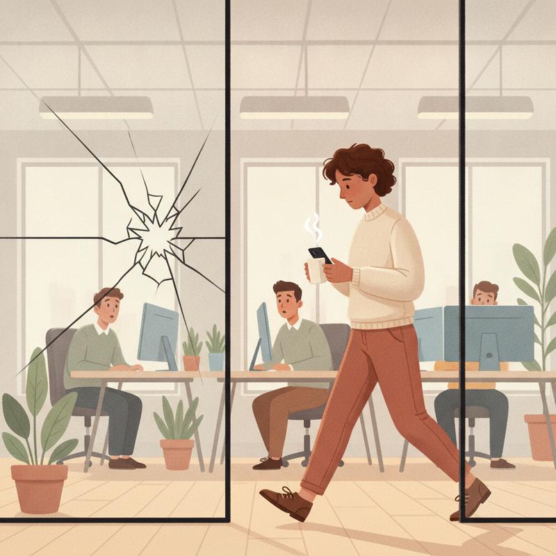 A team lead with a coffee mug walks past a cracked office window while developers at their desks notice it