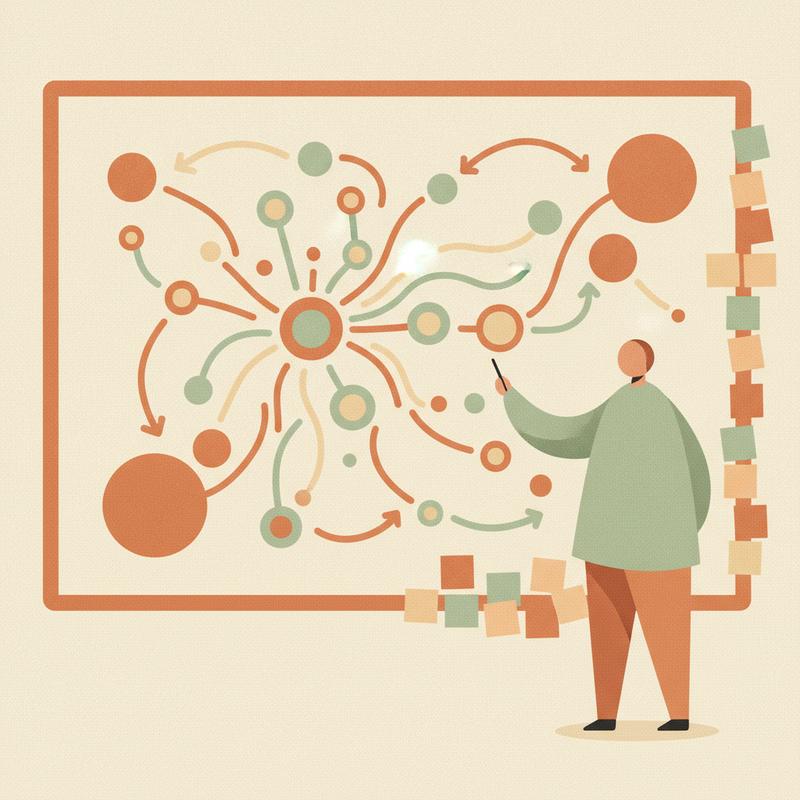 A person at a whiteboard mapping a web of connected circles and sideways arrows