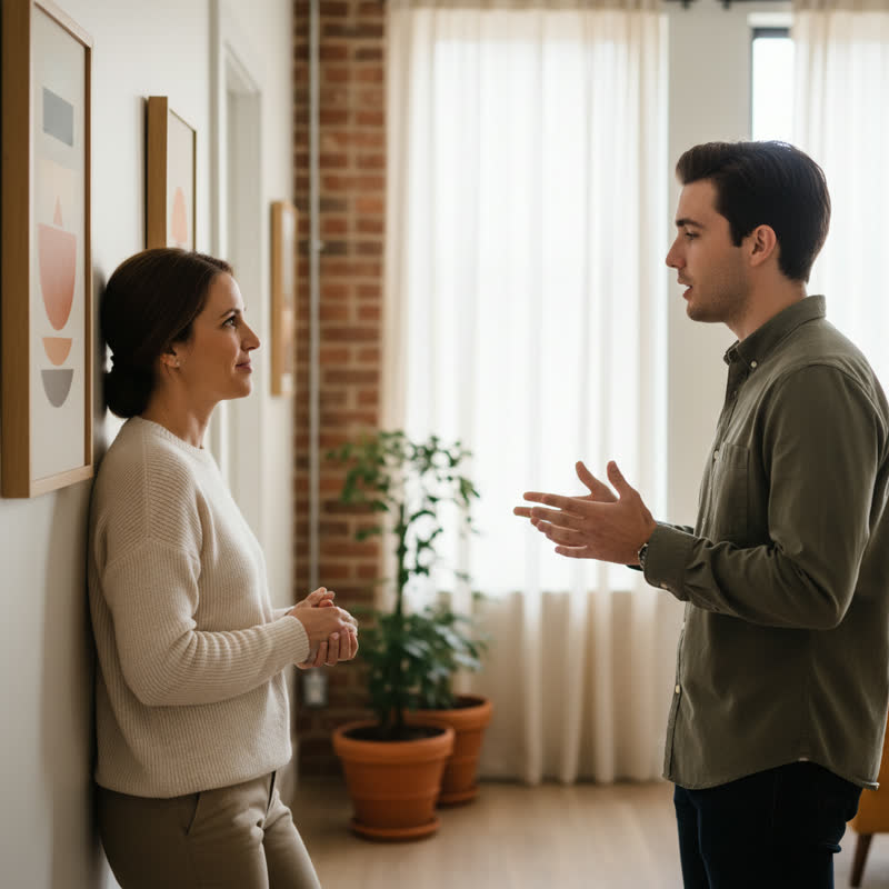 A manager having a brief, genuine conversation with a team member in an office hallway