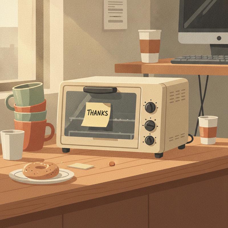 A small countertop oven in an office break room with a handwritten thanks note stuck to the door