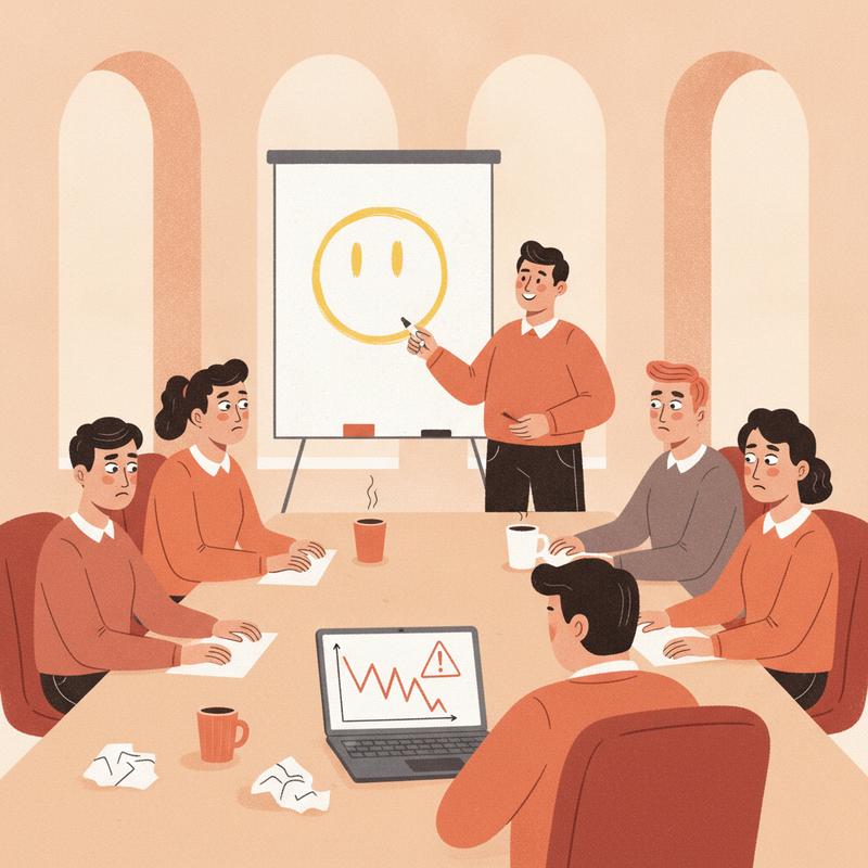 A manager smiles and points at a smiley face on a flip chart while the team around the table looks tired and worried, one laptop showing a falling red chart