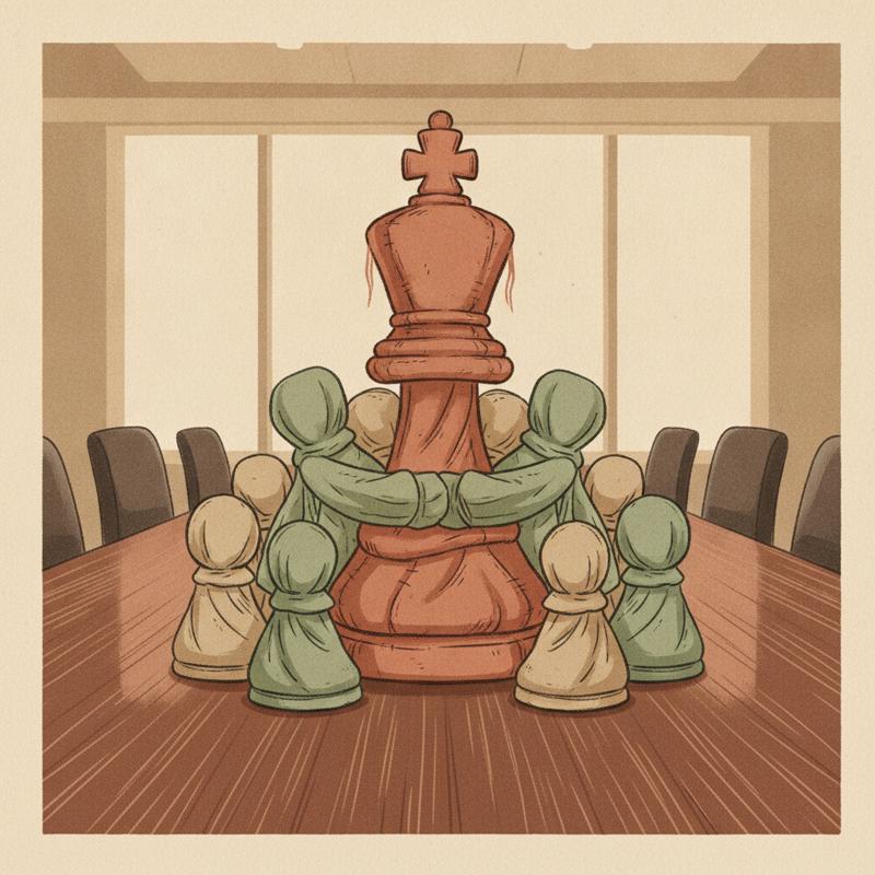 A soft fabric chess king sitting on a boardroom table with the other pieces arranged protectively around it