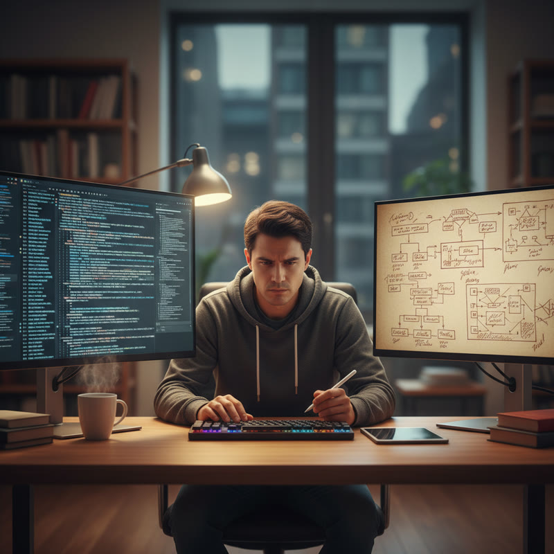 A software developer at a desk, one monitor showing AI-generated code, the other showing their own architecture notes and diagrams