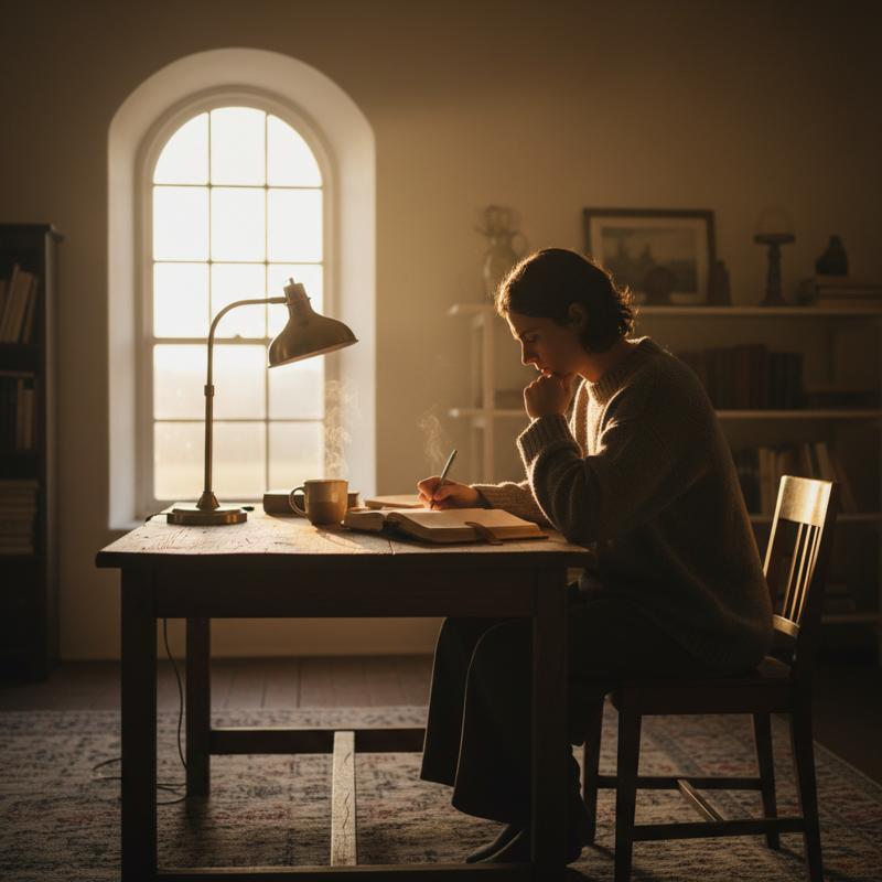 A person writing in a journal by lamplight at an early morning desk