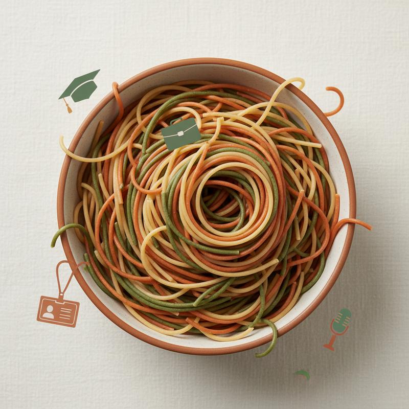 Warm bowl of spaghetti noodles with career milestone icons, editorial style on cream background