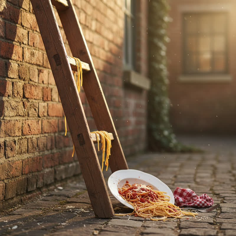 A career ladder leaning against a wall, with a plate of spaghetti spilled at the bottom