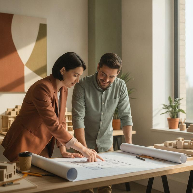 Manager pointing at a specific line on an architecture diagram while a smiling engineer looks on