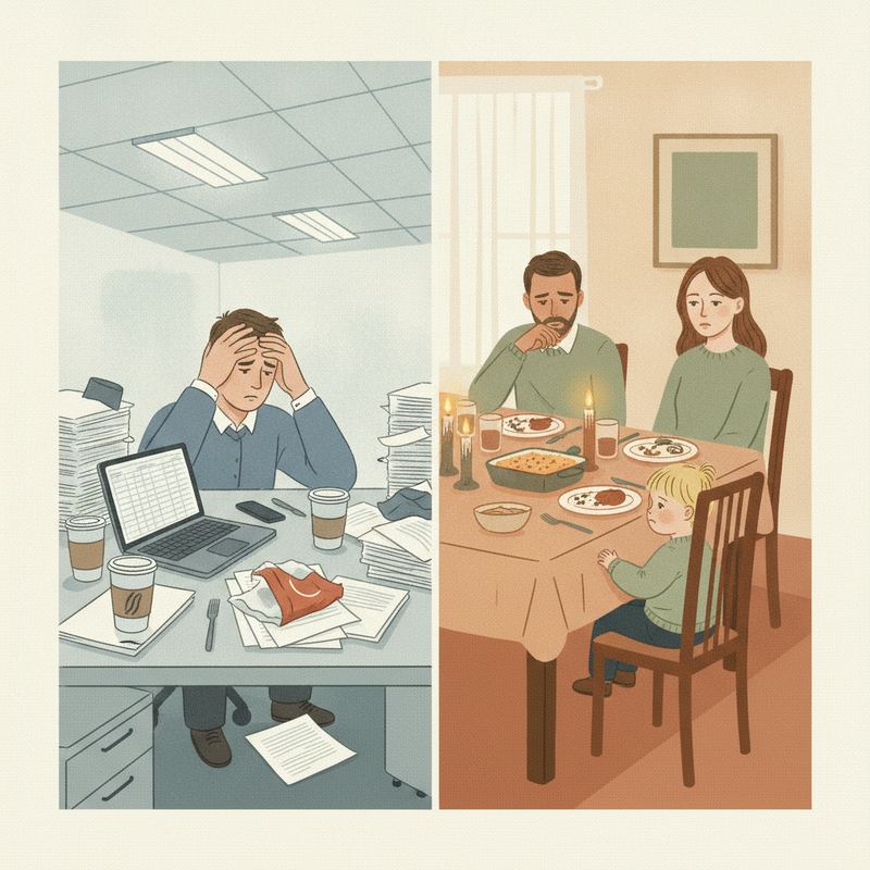 A split image contrasting a stressful office desk with a family dinner table where a child looks at an empty chair
