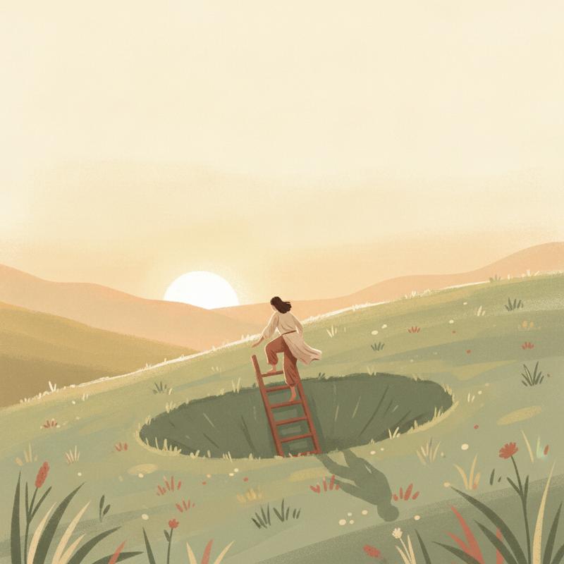 A person climbing a short ladder out of a shallow dip in a green hillside at sunrise