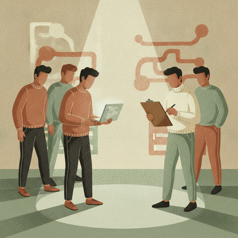 A tense software team stand-up meeting resembling an interrogation, one developer under a harsh spotlight holding a laptop while a manager checks items off a clipboard