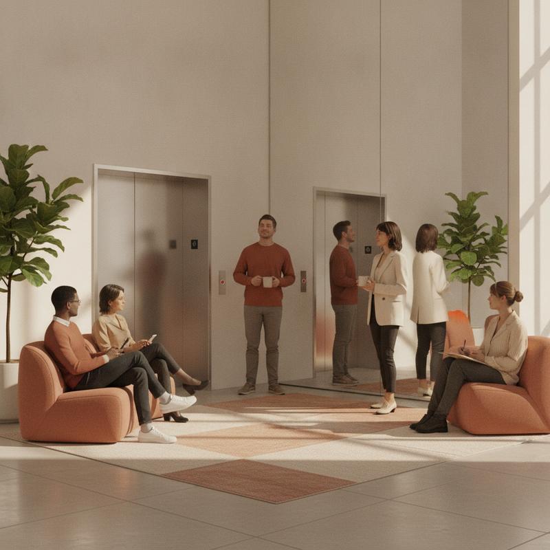 People waiting calmly in an office lobby beside elevator doors, one glancing at a large wall mirror