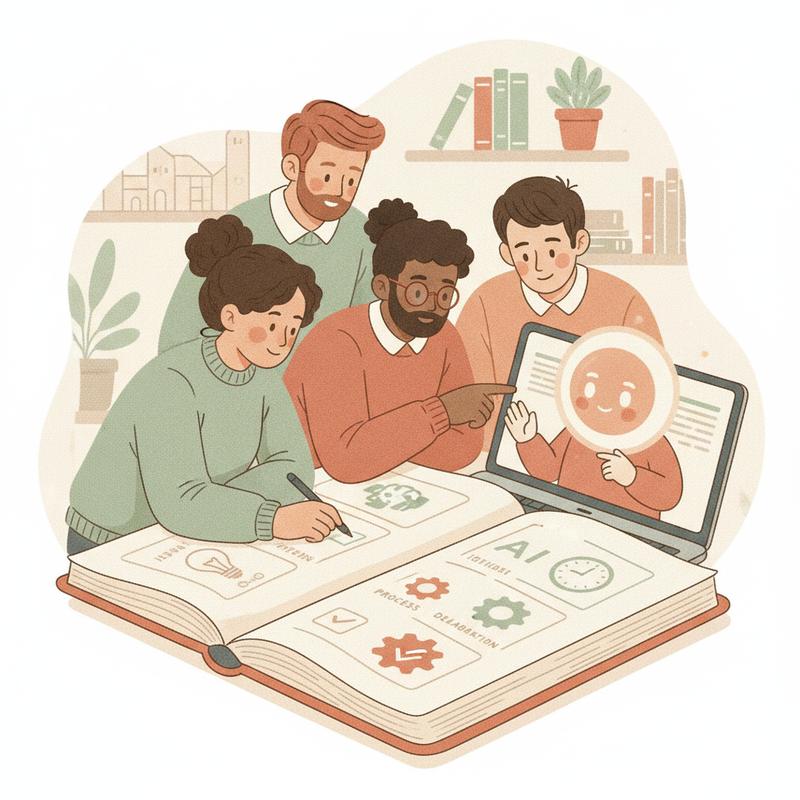 An engineering team gathered around an open notebook recording decisions while an AI assistant reads along on a laptop