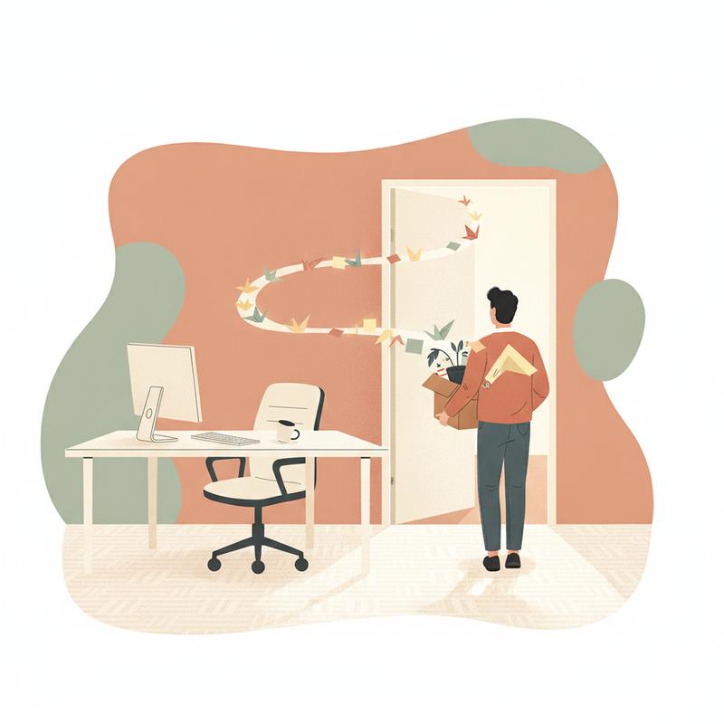 An employee carrying a box of belongings walks out the door while a trail of paper notes follows them