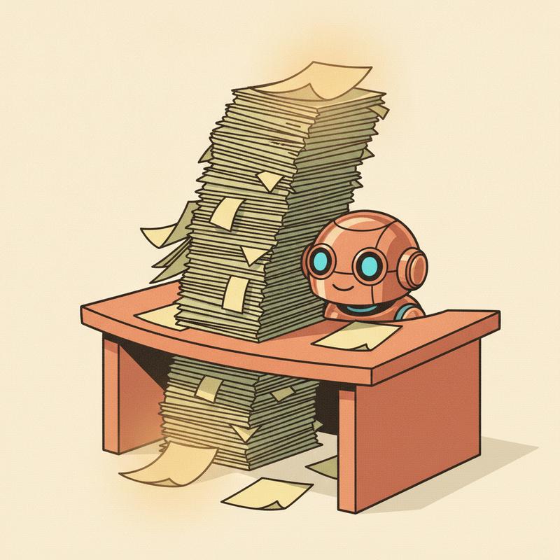 A robot assistant buried under a tall stack of paper, with only the top and bottom sheets in view