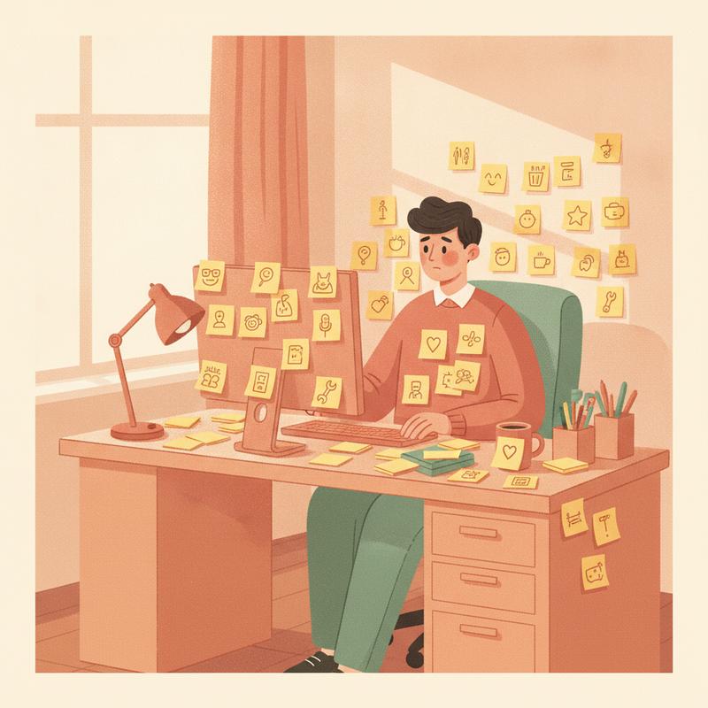 A new office worker at a desk covered in sticky notes reminding them who their colleagues are