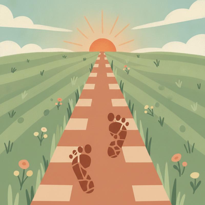 Footprints stepping off a marked path into open grass, seen from above