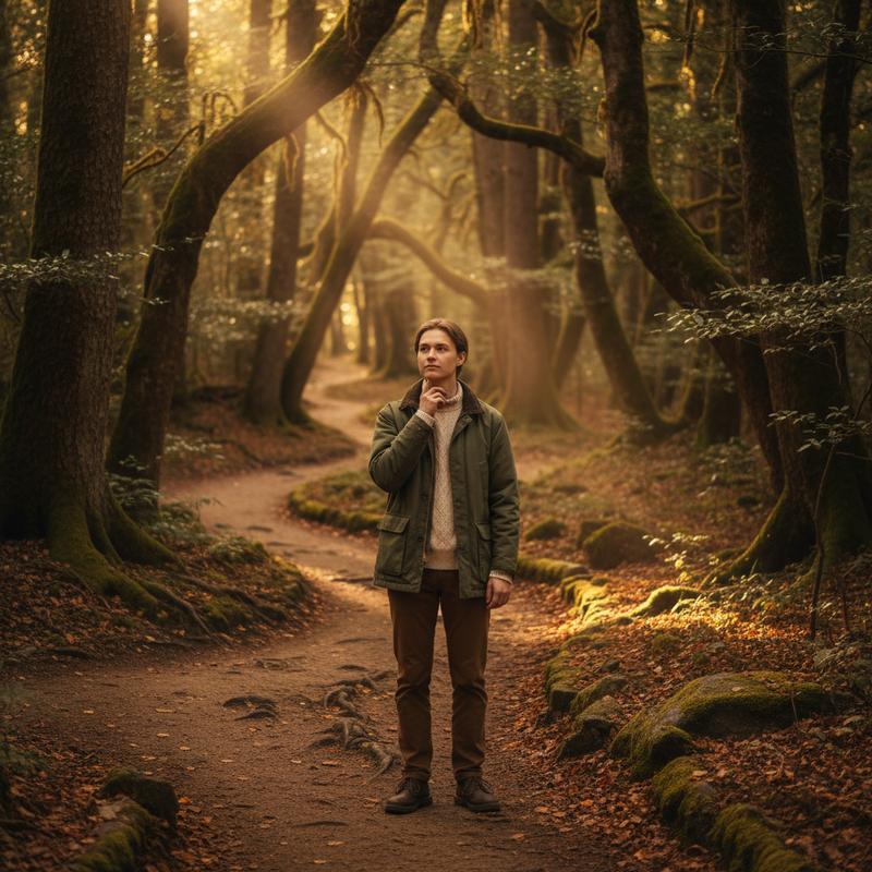 A young person standing thoughtfully at a fork in paths through a forest, warm golden afternoon light, editorial photography